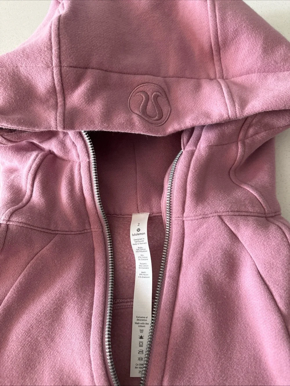 Lululemon Scuba Full Zip Hoodie Size 2 Powder Pink Cotton Jacket Pockets